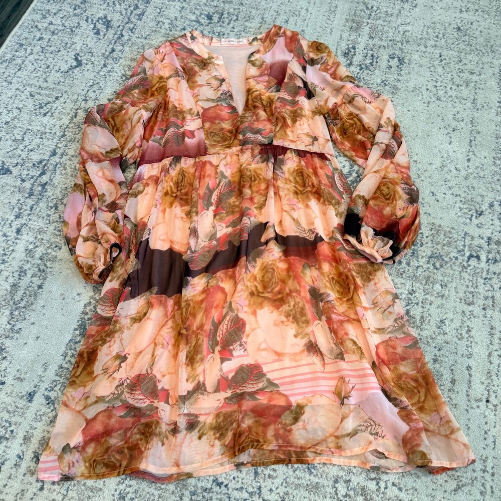TRAFFIC PEOPLE Floral Long Sleeve V-Neck Midi Dress Womens Size S Pink Brown‎